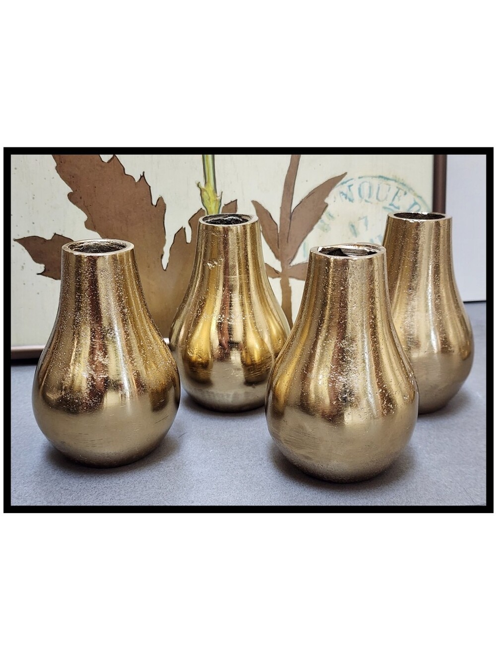 Set Of 4 Serene Spaces Metal Pear Shape Floral Bud Vases Gold Aluminum Home Deco